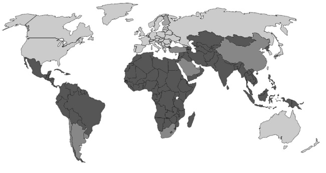 Incidência de epilepsia no mundo. Quanto mais carregada a cor, maior a porcentagem da população que convive com a doença neurológica. As taxas chegam a ser 2x maiores em países do terceiro mundo. Fonte: Universidade de Oxford.